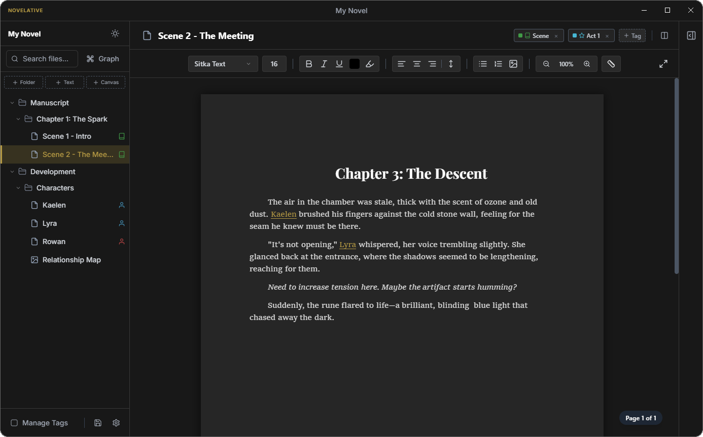 Novelative App Interface showing Split View